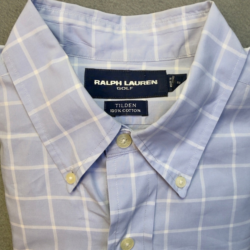 Ralph Lauren Golf Tilden Shirt Mens Large Blue Plaid Button Down 100% Cotton